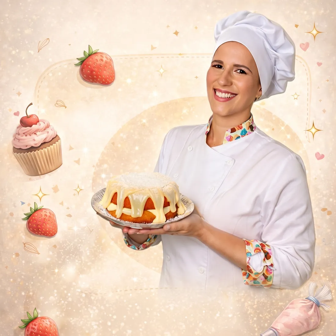 Confeiteira da Tetê Bolos Caseiros segurando um bolo caseiro